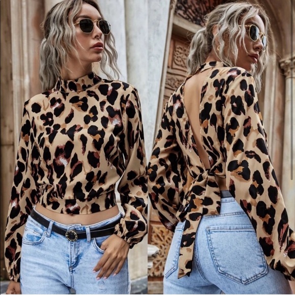 Boho Leopard Print Tie Back Open Back Top - Picture 2 of 3